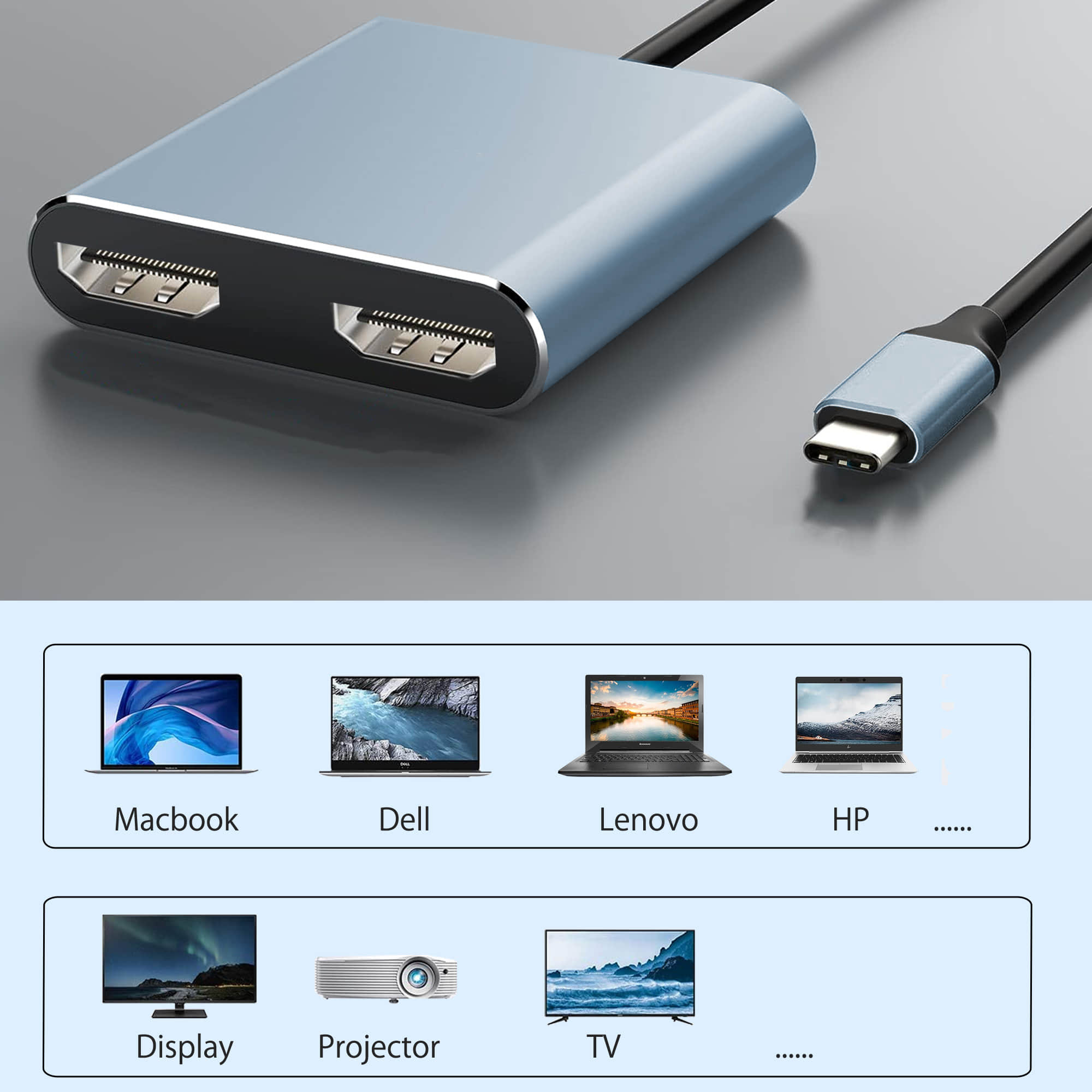 2-in-1 USB-C Hub with Single Display Max 4K60HZ for Windows, Mac, Ipad Pro, Chromebook, Thunderbolt